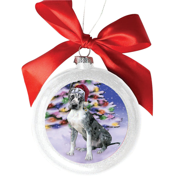 Winterland Wonderland Great Dane Dog In Christmas Holiday Scenic Background White Round Ball Christmas Ornament WBSOR49582