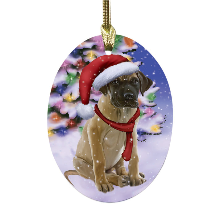 Winterland Wonderland Great Dane Dog In Christmas Holiday Scenic Background Oval Glass Christmas Ornament OGOR49583