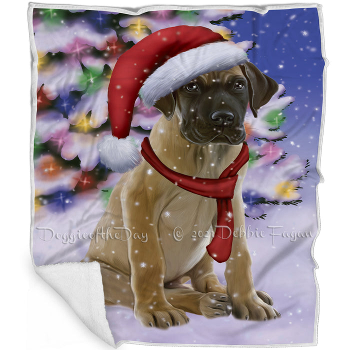 Winterland Wonderland Great Dane Puppy Dog In Christmas Holiday Scenic Background Blanket