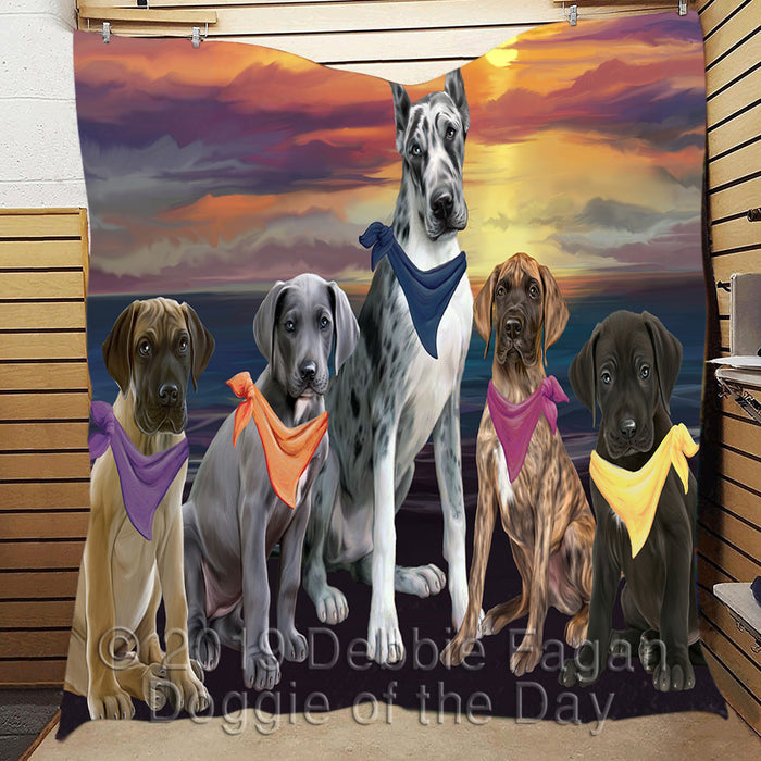 Family Sunset Portrait Great Dane Dogs Quilt