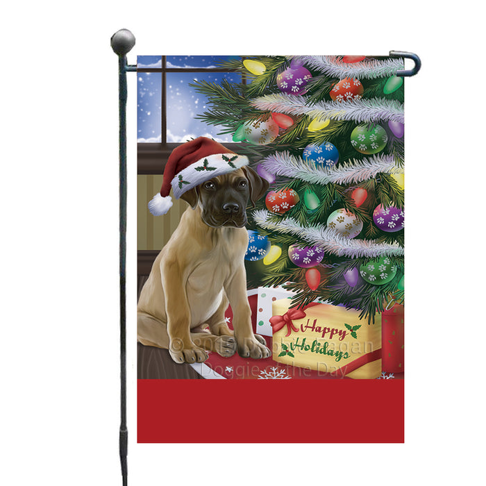 Personalized Christmas Happy Holidays Great Dane Dog with Tree and Presents Custom Garden Flags GFLG-DOTD-A58635