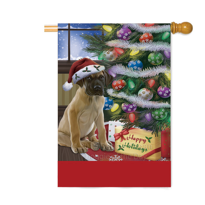 Personalized Christmas Happy Holidays Great Dane Dog with Tree and Presents Custom House Flag FLG-DOTD-A58691