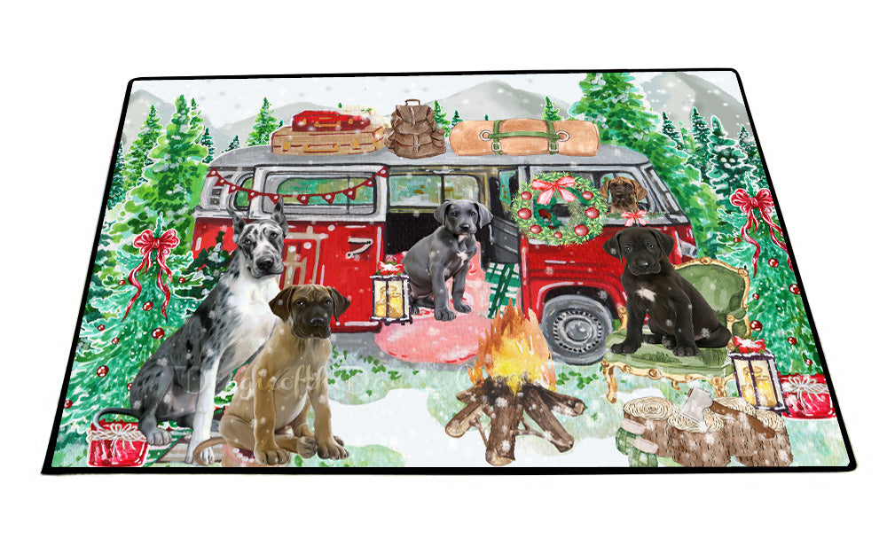 Christmas Time Camping with Great Dane Dogs Floor Mat- Anti-Slip Pet Door Mat Indoor Outdoor Front Rug Mats for Home Outside Entrance Pets Portrait Unique Rug Washable Premium Quality Mat