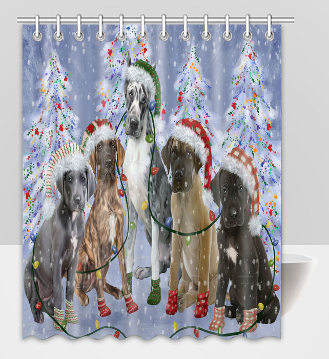 Christmas Lights and Great Dane Dogs Shower Curtain Pet Painting Bathtub Curtain Waterproof Polyester One-Side Printing Decor Bath Tub Curtain for Bathroom with Hooks