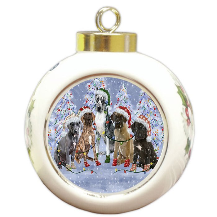 Christmas Lights and Great Dane Dogs Round Ball Christmas Ornament Pet Decorative Hanging Ornaments for Christmas X-mas Tree Decorations - 3" Round Ceramic Ornament