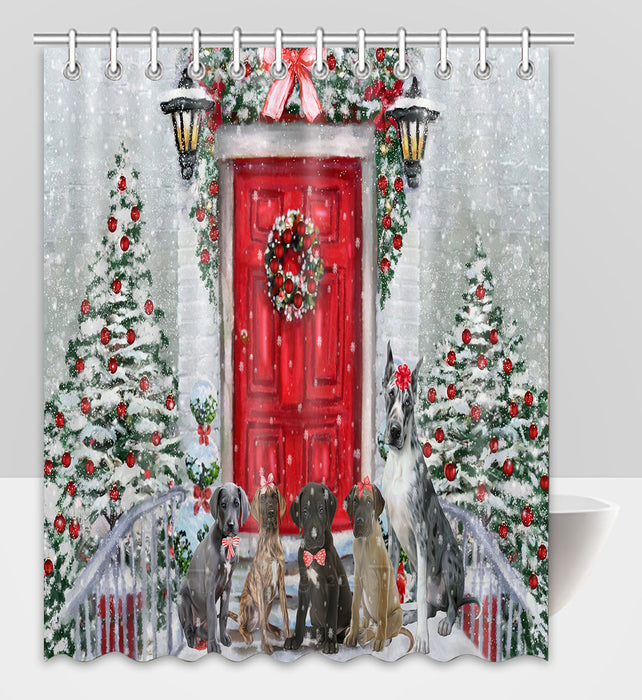 Christmas Holiday Welcome Great Dane Dogs Shower Curtain Pet Painting Bathtub Curtain Waterproof Polyester One-Side Printing Decor Bath Tub Curtain for Bathroom with Hooks