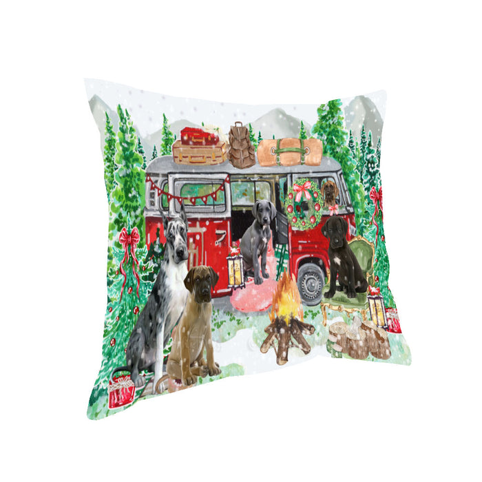 Christmas Time Camping with Great Dane Dogs Pillow with Top Quality High-Resolution Images - Ultra Soft Pet Pillows for Sleeping - Reversible & Comfort - Ideal Gift for Dog Lover - Cushion for Sofa Couch Bed - 100% Polyester