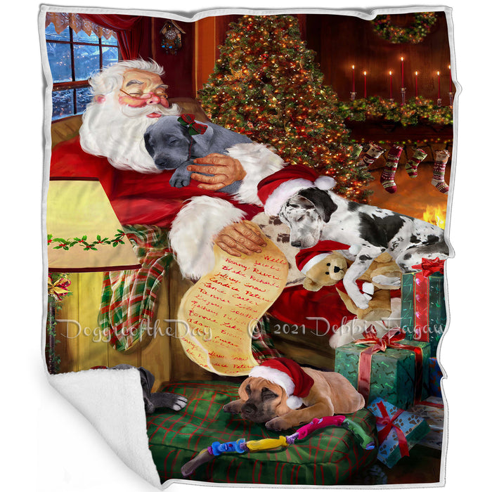 Great Dane Dog and Puppies Sleeping with Santa Blanket