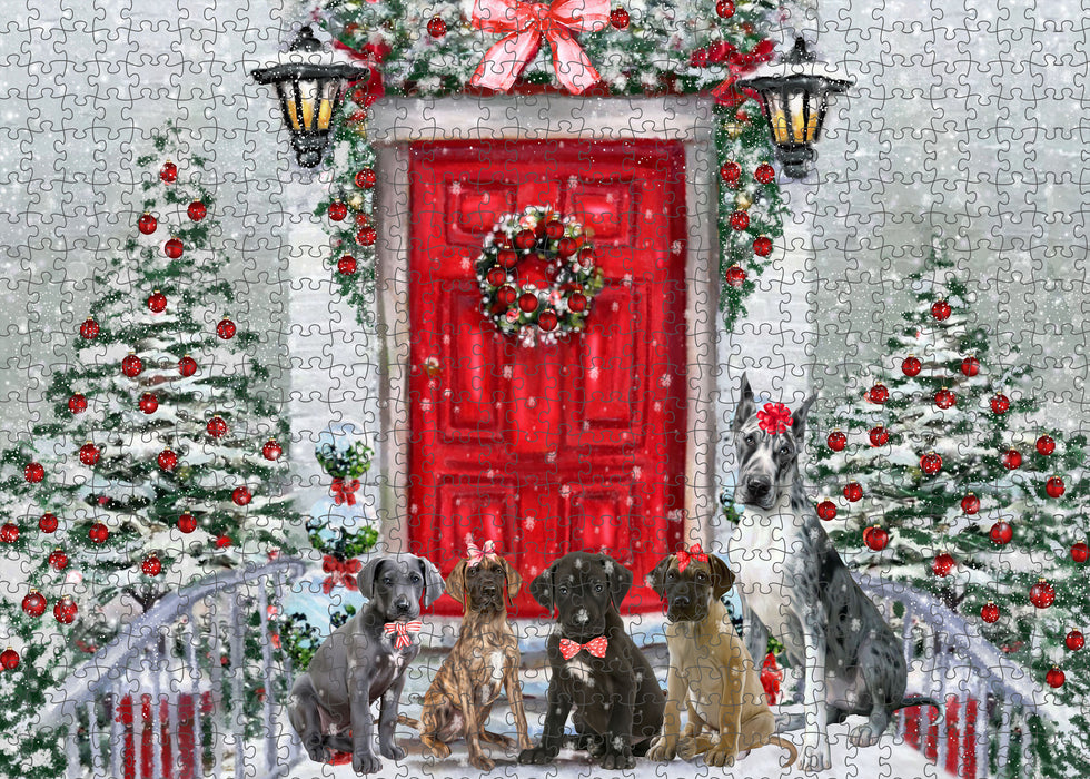 Christmas Holiday Welcome Great Dane Dogs Portrait Jigsaw Puzzle for Adults Animal Interlocking Puzzle Game Unique Gift for Dog Lover's with Metal Tin Box
