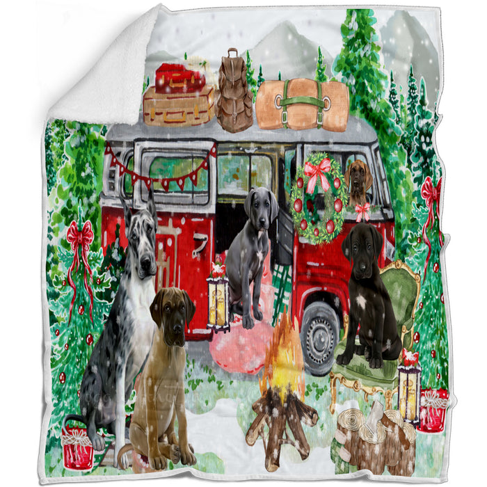 Christmas Time Camping with Great Dane Dogs Blanket - Lightweight Soft Cozy and Durable Bed Blanket - Animal Theme Fuzzy Blanket for Sofa Couch