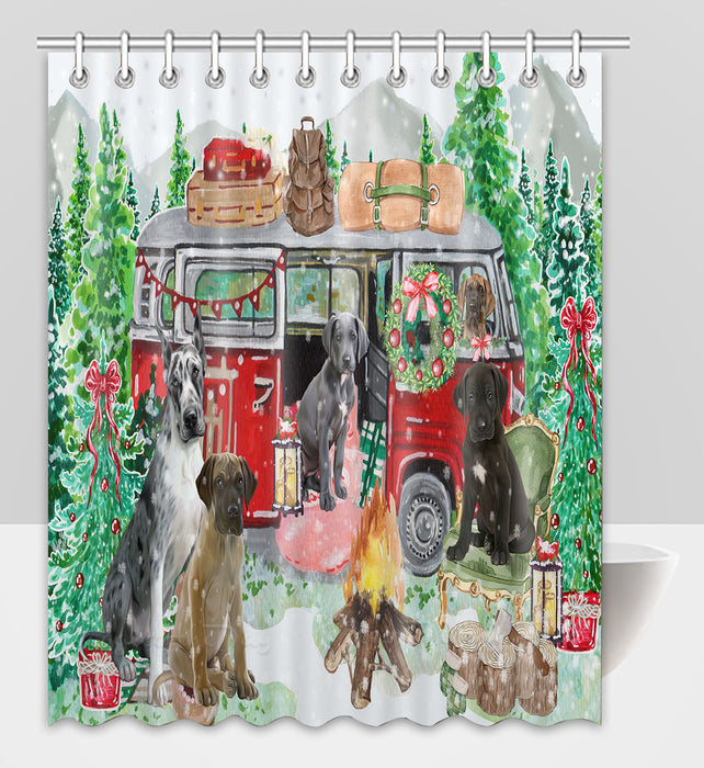 Christmas Time Camping with Great Dane Dogs Shower Curtain Pet Painting Bathtub Curtain Waterproof Polyester One-Side Printing Decor Bath Tub Curtain for Bathroom with Hooks