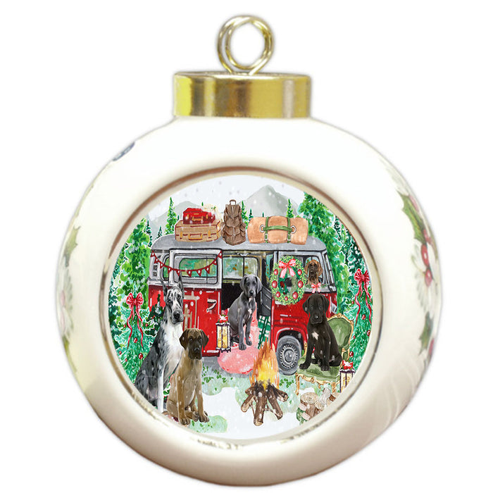 Christmas Time Camping with Great Dane Dogs Round Ball Christmas Ornament Pet Decorative Hanging Ornaments for Christmas X-mas Tree Decorations - 3" Round Ceramic Ornament