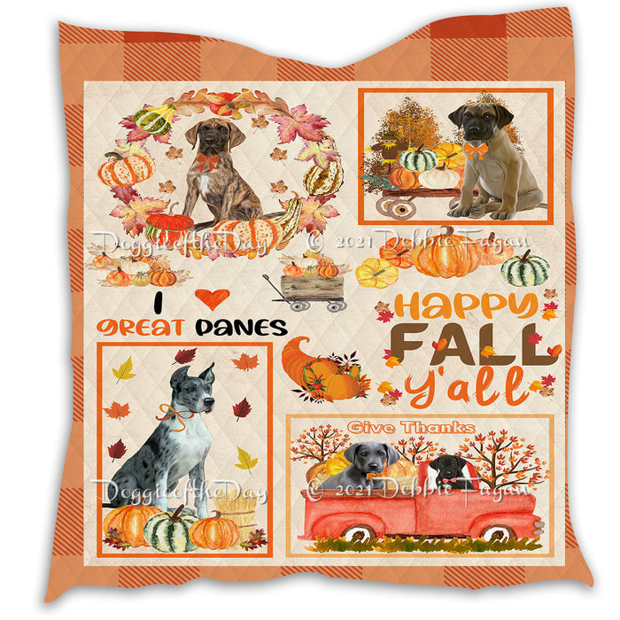 Happy Fall Y'all Pumpkin Great Dane Dogs Quilt Bed Coverlet Bedspread - Pets Comforter Unique One-side Animal Printing - Soft Lightweight Durable Washable Polyester Quilt