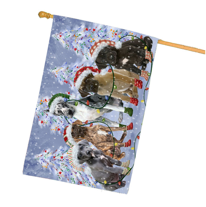 Christmas Lights and Great Dane Dogs House Flag Outdoor Decorative Double Sided Pet Portrait Weather Resistant Premium Quality Animal Printed Home Decorative Flags 100% Polyester