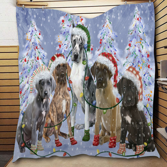 Christmas Lights and Great Dane Dogs  Quilt Bed Coverlet Bedspread - Pets Comforter Unique One-side Animal Printing - Soft Lightweight Durable Washable Polyester Quilt
