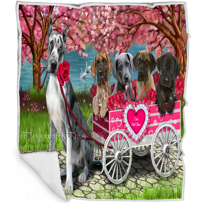 I Love Great Dane Dogs in a Cart Art Portrait Print Woven Throw Sherpa Plush Fleece Blanket