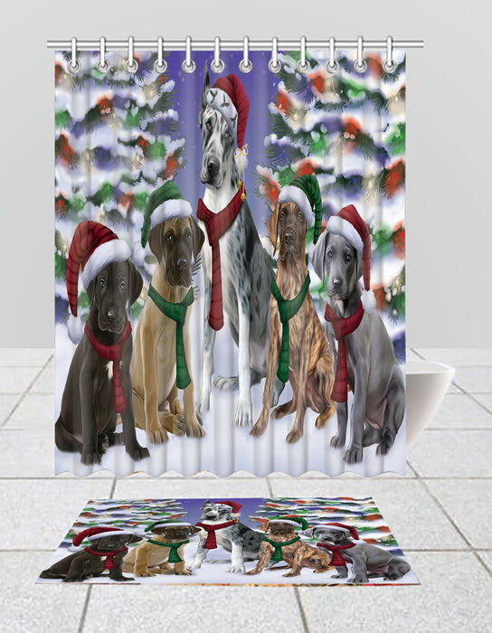 Great Dane Dogs Christmas Family Portrait in Holiday Scenic Background  Bath Mat and Shower Curtain Combo