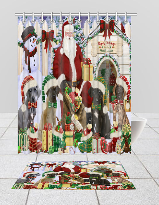 Happy Holidays Christmas Great Dane Dogs House Gathering Bath Mat and Shower Curtain Combo