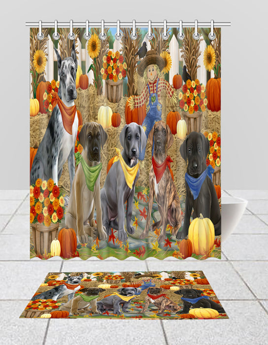 Fall Festive Harvest Time Gathering Great Dane Dogs Bath Mat and Shower Curtain Combo