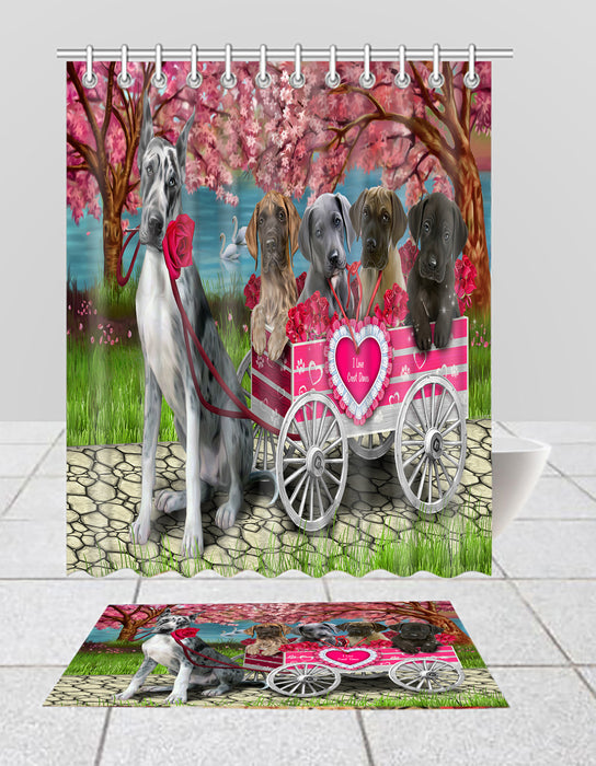 I Love Great Dane Dogs in a Cart Bath Mat and Shower Curtain Combo