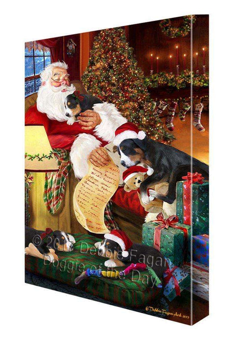 Greater Swiss Mountain Dog and Puppies Sleeping with Santa Canvas Wall Art