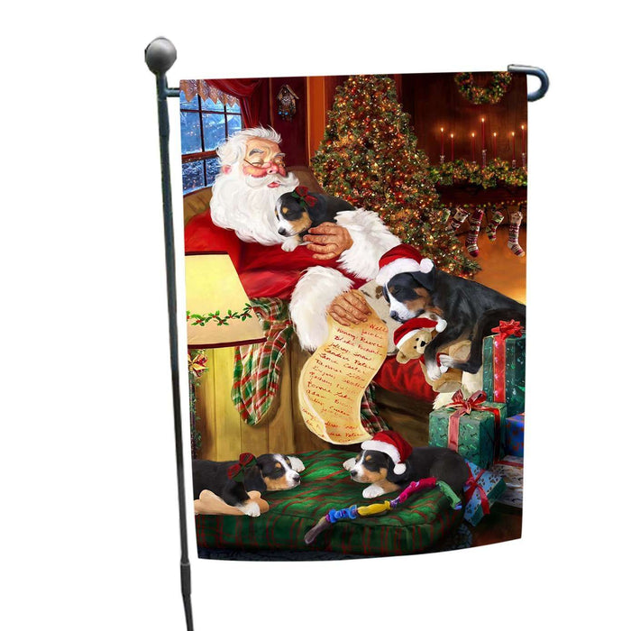 Greater Swiss Mountain Dog and Puppies Sleeping with Santa Garden Flag