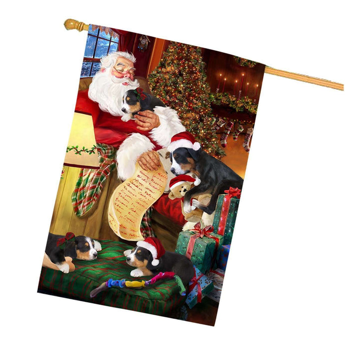 Greater Swiss Mountain Dog and Puppies Sleeping with Santa House Flag