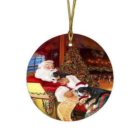 Greater Swiss Mountain Dog and Puppies Sleeping with Santa Round Christmas Ornament D405