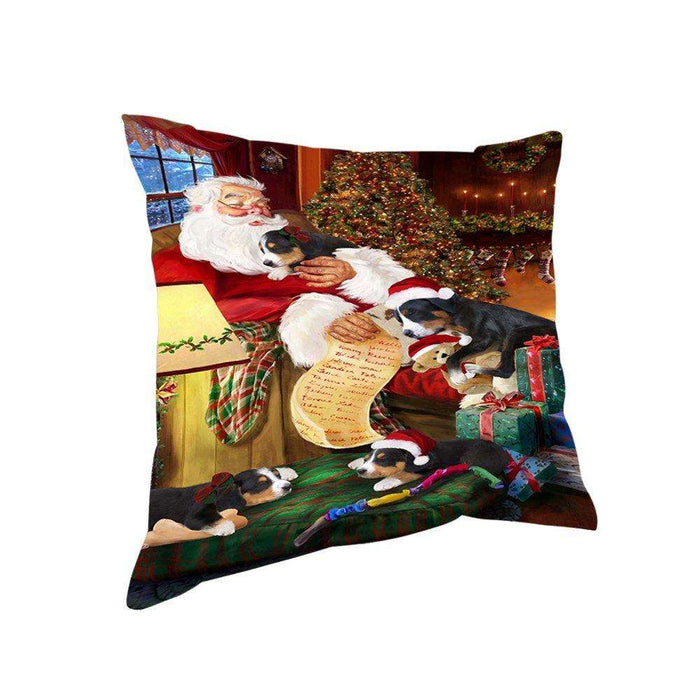 Greater Swiss Mountain Dog and Puppies Sleeping with Santa Throw Pillow