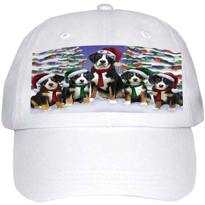 Greater Swiss Mountain Dogs Christmas Family Portrait in Holiday Scenic Background Ball Hat Cap HAT61875