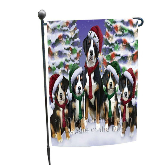 Greater Swiss Mountain Dogs Christmas Family Portrait in Holiday Scenic Background Garden Flag GFLG52659