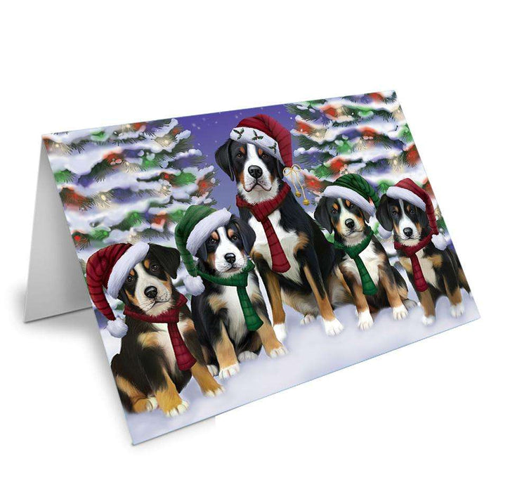 Greater Swiss Mountain Dogs Christmas Family Portrait in Holiday Scenic Background Handmade Artwork Assorted Pets Greeting Cards and Note Cards with Envelopes for All Occasions and Holiday Seasons GCD62171