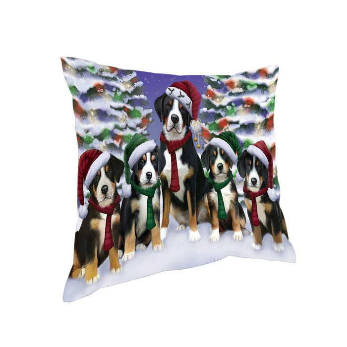 Greater Swiss Mountain Dogs Christmas Family Portrait in Holiday Scenic Background Pillow PIL67012