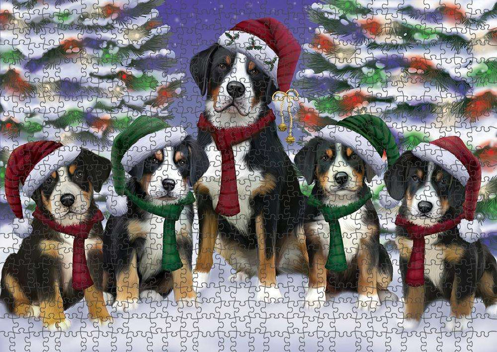 Greater Swiss Mountain Dogs Christmas Family Portrait in Holiday Scenic Background Puzzle with Photo Tin PUZL62073