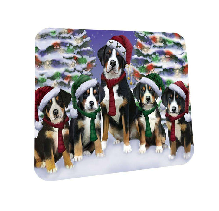 Greater Swiss Mountain Dogs Christmas Family Portrait in Holiday Scenic Background  Coasters Set of 4 CST52673