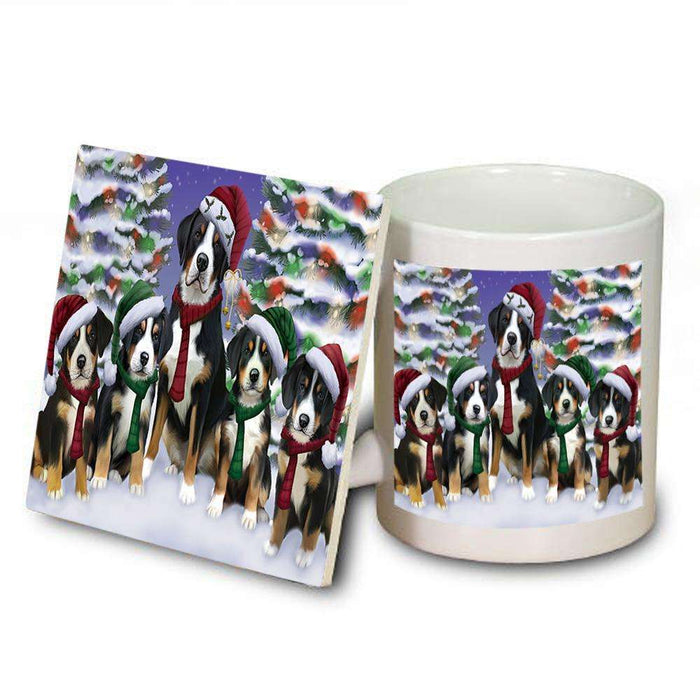 Greater Swiss Mountain Dogs Christmas Family Portrait in Holiday Scenic Background  Mug and Coaster Set MUC52706