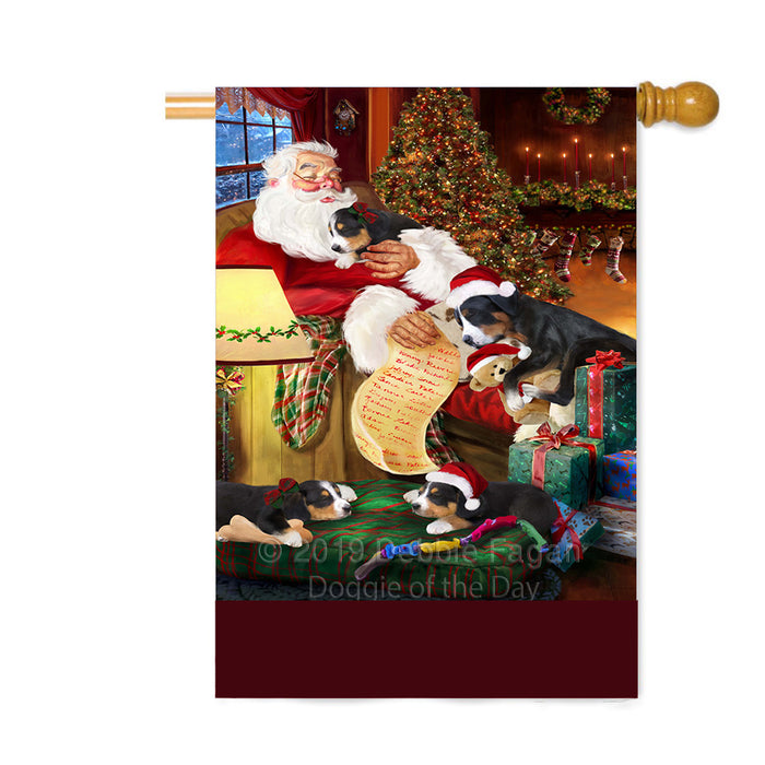 Personalized Greater Swiss Mountain Dogs and Puppies Sleeping with Santa Custom House Flag FLG-DOTD-A62692