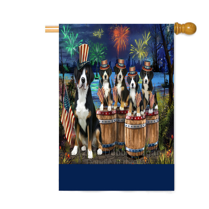 Personalized 4th of July Firework Greater Swiss Mountain Dogs Custom House Flag FLG-DOTD-A57997