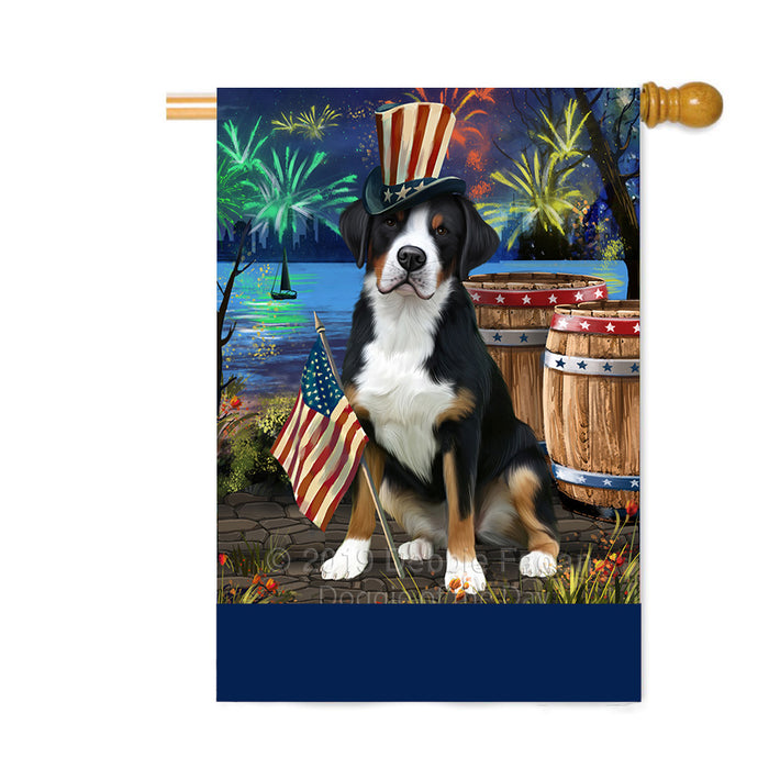 Personalized 4th of July Firework Greater Swiss Mountain Dog Custom House Flag FLG-DOTD-A57998