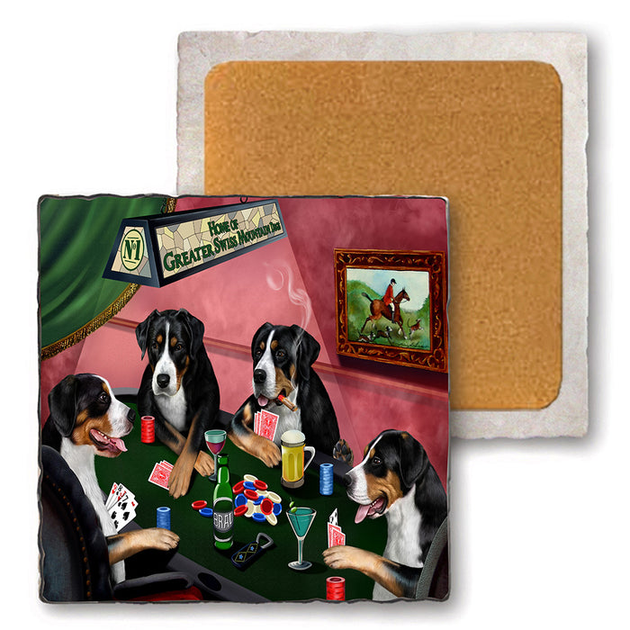 Set of 4 Natural Stone Marble Tile Coasters - Home of Greater Swiss Mountain 4 Dogs Playing Poker MCST48062