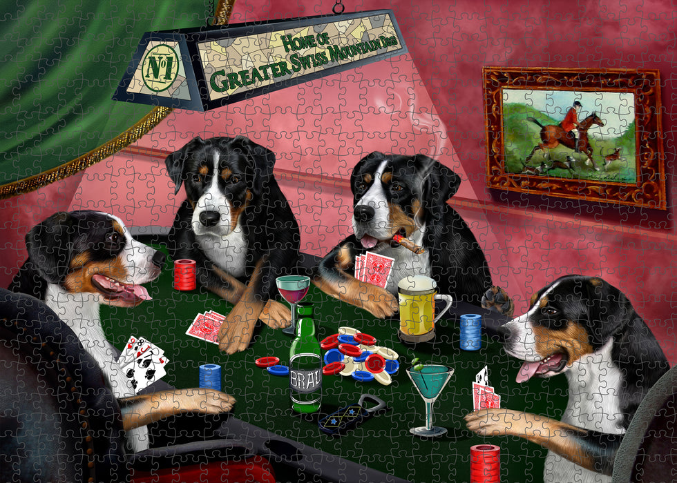 Home of Poker Playing Greater Swiss Mountain Dogs Portrait Jigsaw Puzzle for Adults Animal Interlocking Puzzle Game Unique Gift for Dog Lover's with Metal Tin Box