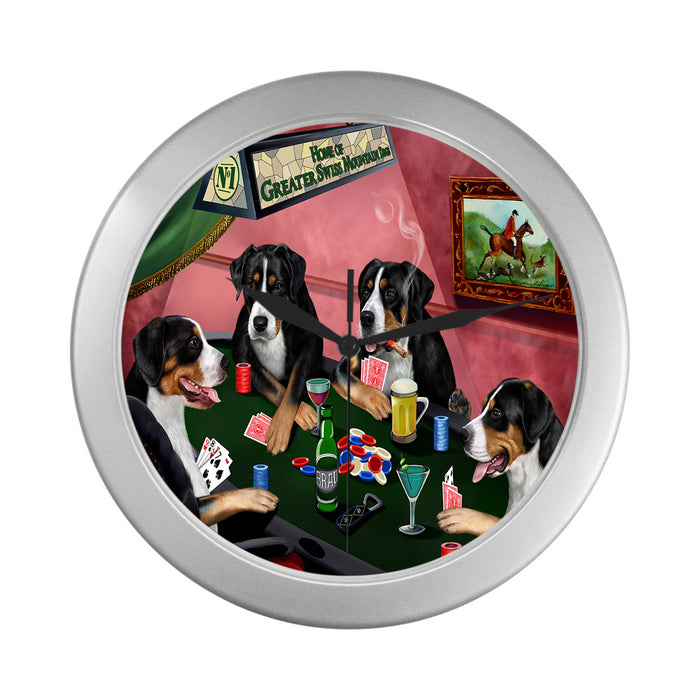 Home of Greater Swiss Mountain Dogs Playing Poker Silver Wall Clocks