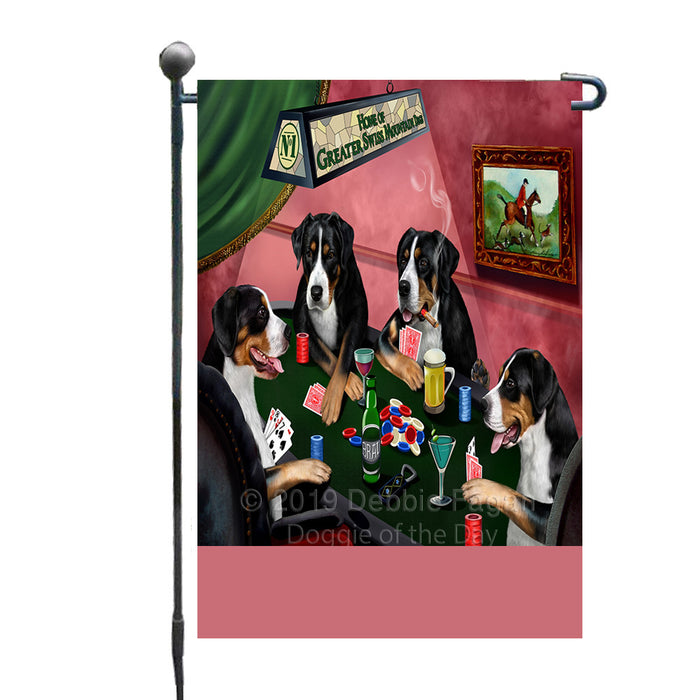 Personalized Home of Greater Swiss Mountain Dogs Four Dogs Playing Poker Custom Garden Flags GFLG-DOTD-A60274