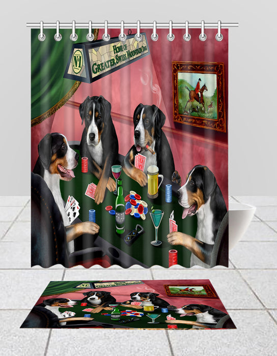 Home of  Greater Swiss Mountain Dogs Playing Poker Bath Mat and Shower Curtain Combo