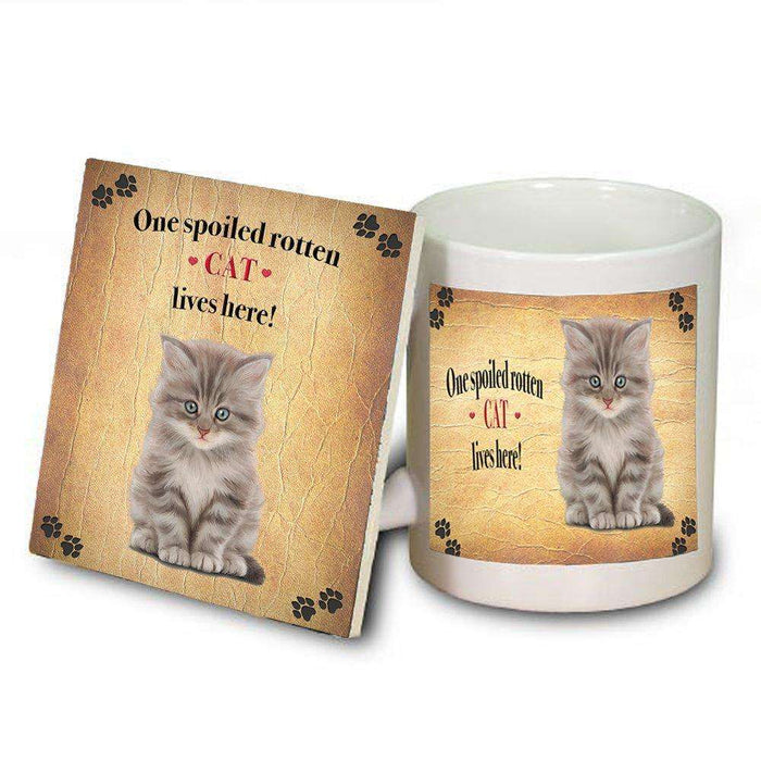 Grey Kitty Spoiled Rotten Cat Coaster and Mug Combo Gift Set