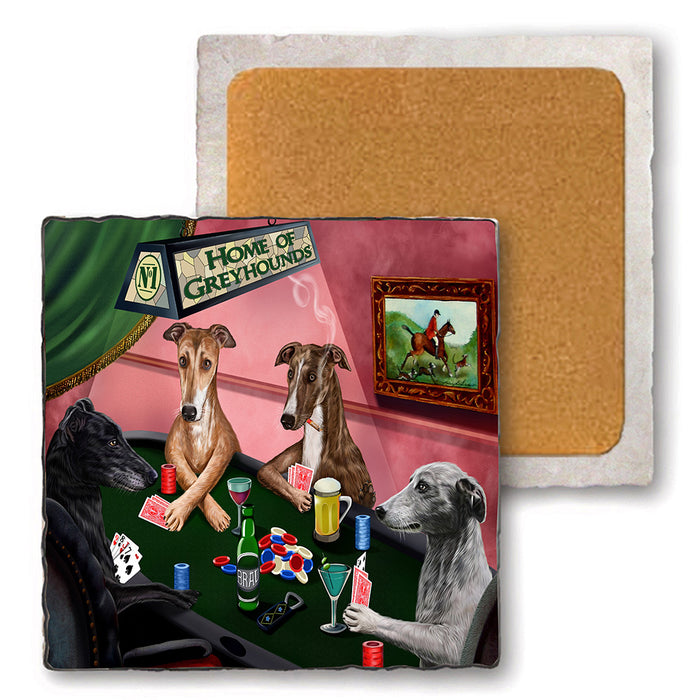 Set of 4 Natural Stone Marble Tile Coasters - Home of Greyhound 4 Dogs Playing Poker MCST48063