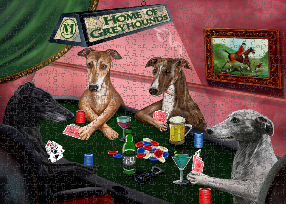 Home of Poker Playing Greyhound Dogs Portrait Jigsaw Puzzle for Adults Animal Interlocking Puzzle Game Unique Gift for Dog Lover's with Metal Tin Box