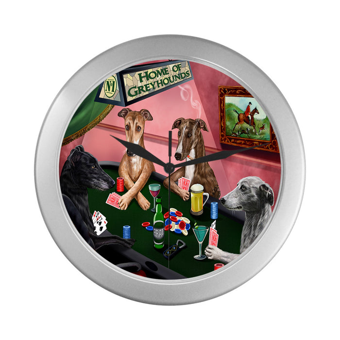 Home of Greyhound Dogs Playing Poker Silver Wall Clocks