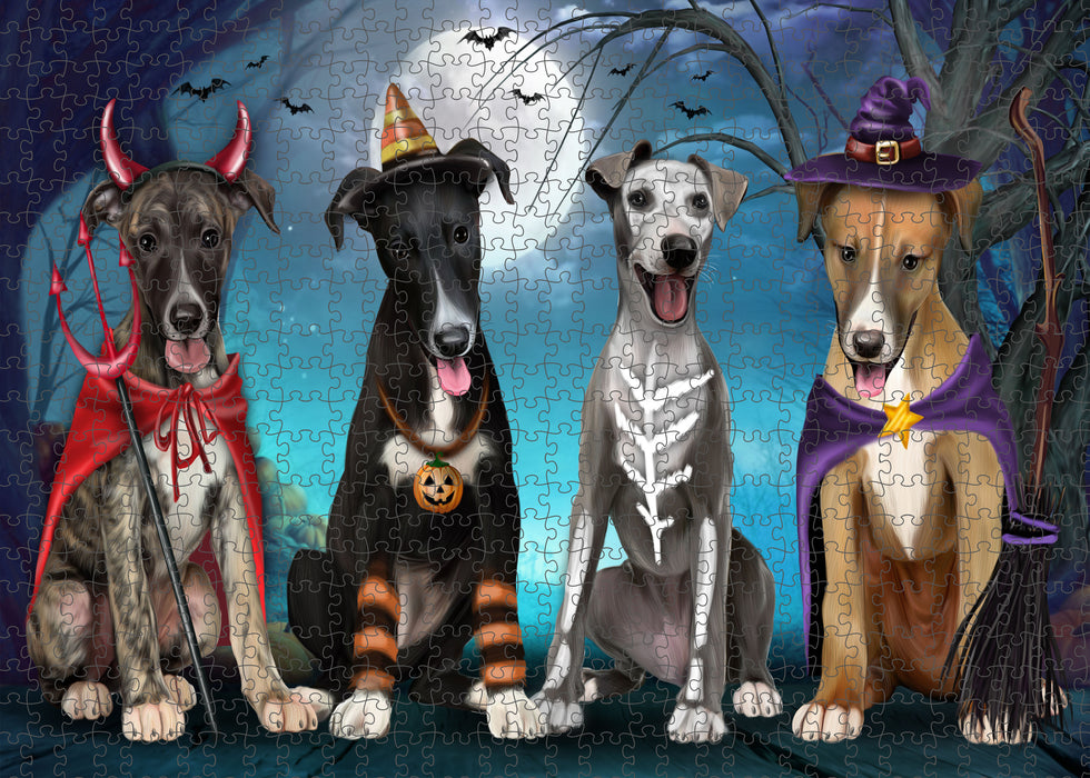 Happy Halloween Trick or Treat Greyhound Dogs Portrait Jigsaw Puzzle for Adults Animal Interlocking Puzzle Game Unique Gift for Dog Lover's with Metal Tin Box