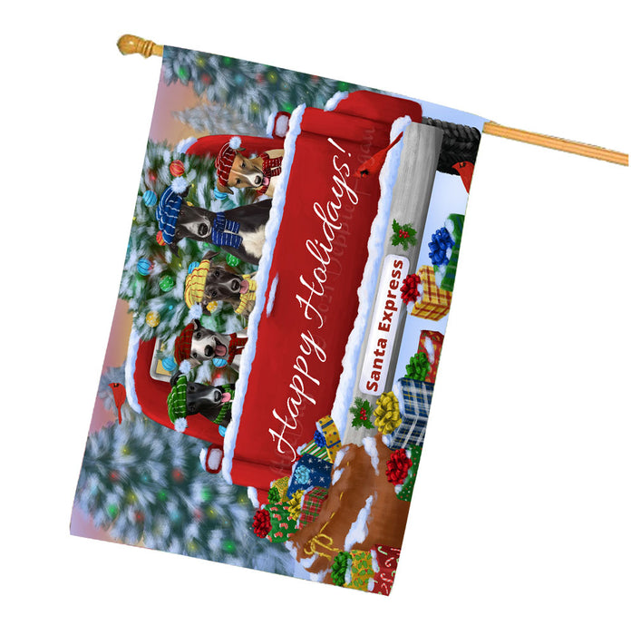 Christmas Red Truck Travlin Home for the Holidays Greyhound Dogs House Flag Outdoor Decorative Double Sided Pet Portrait Weather Resistant Premium Quality Animal Printed Home Decorative Flags 100% Polyester
